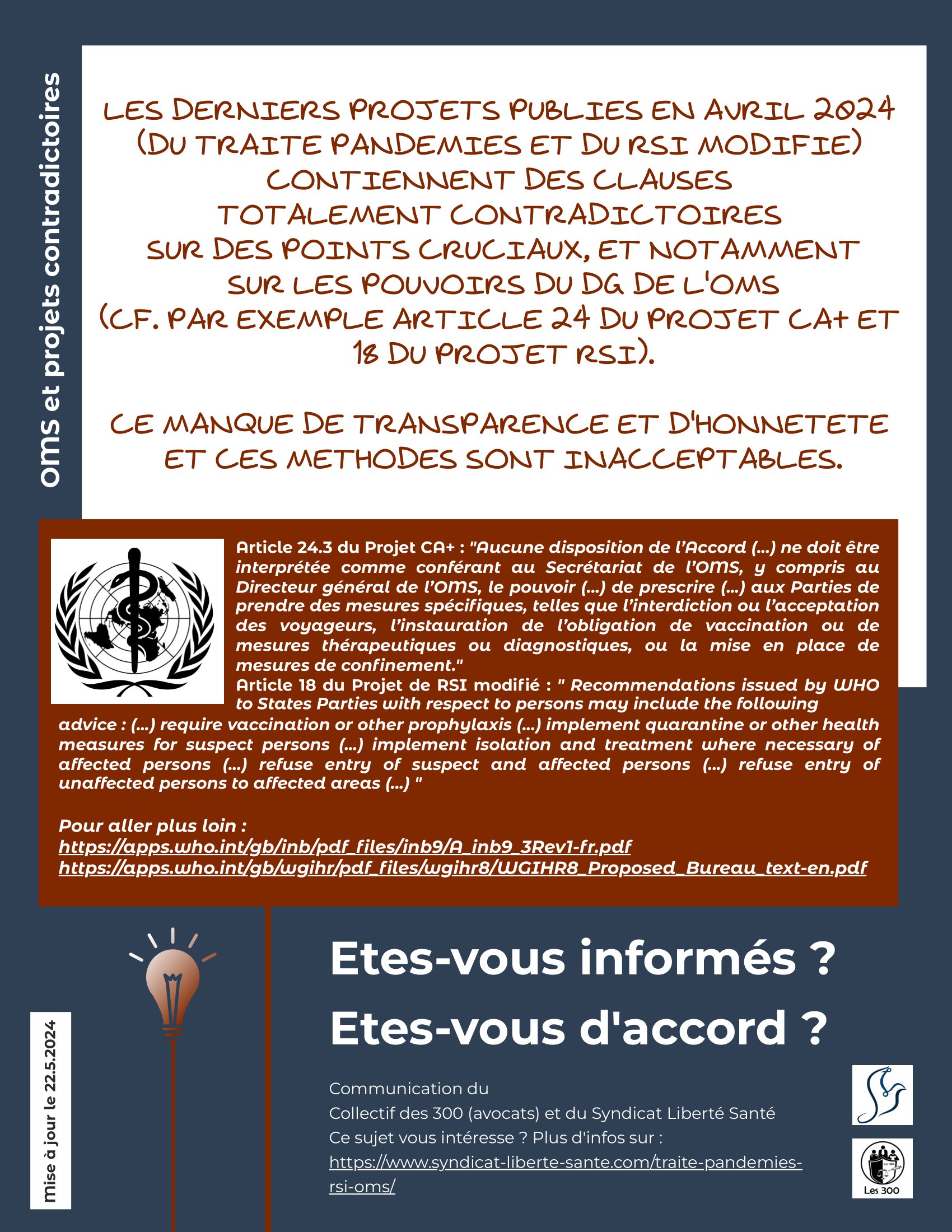14. Projets Contradictoires - Traité Pandémies OMS Règlement Sanitaire International Collectif des 300 IAL- Syndicat Liberté Santé SLS