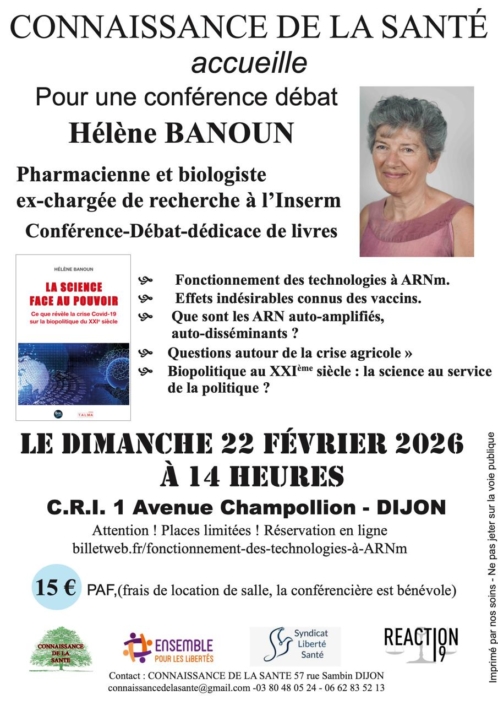 Conférence Débat Dijon Hélène Banoun chercheuse Inserm Pharmacienne Biologiste Soignants evenement Syndicat Liberté Santé SLS
