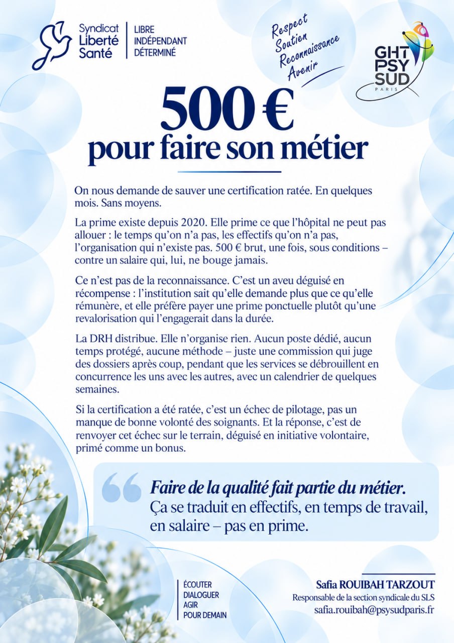 Tract SLS : 500 € pour faire son métier Tract de la section SLS : 500 € pour faire son métier