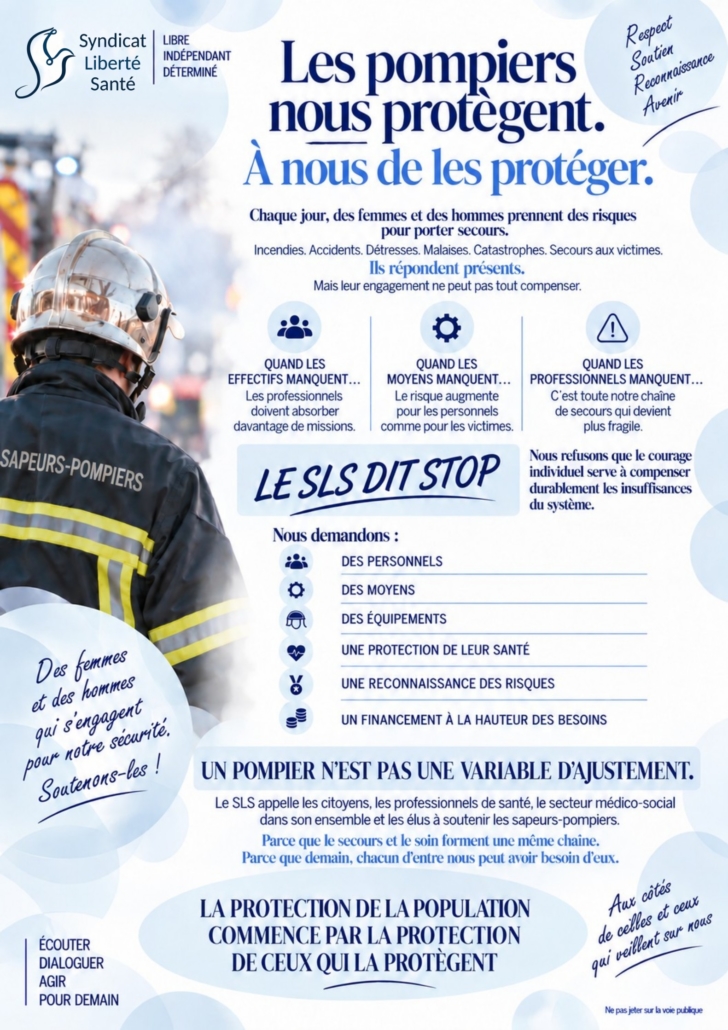 Affiche du Syndicat Liberté Santé : les pompiers nous protègent, à nous de les protéger