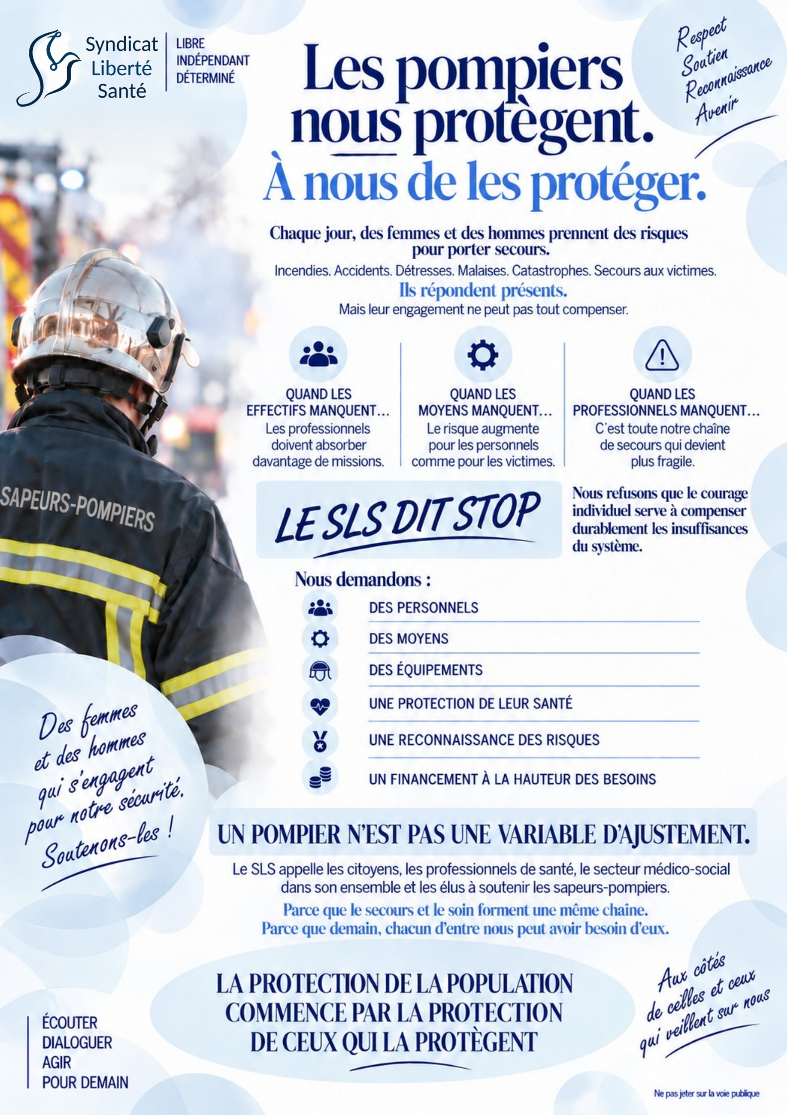 Affiche du Syndicat Liberté Santé : les pompiers nous protègent, à nous de les protéger