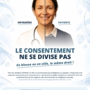 Affiche du Syndicat Liberté Santé : une infirmière souriante, coupée en deux, en tenue de travail à gauche et en tenue de ville à droite (patiente). Titre : Le consentement ne se divise pas. En blouse ou en ville, le même droit !
