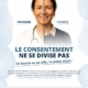 Affiche du Syndicat Liberté Santé : une infirmière souriante, coupée en deux, en tenue de travail à gauche et en tenue de ville à droite (patiente). Titre : Le consentement ne se divise pas. En blouse ou en ville, le même droit !