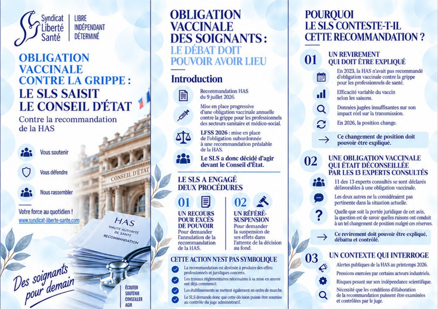 Triptyque du Syndicat Liberté Santé : Obligation vaccinale contre la grippe : le SLS saisit le Conseil d’État