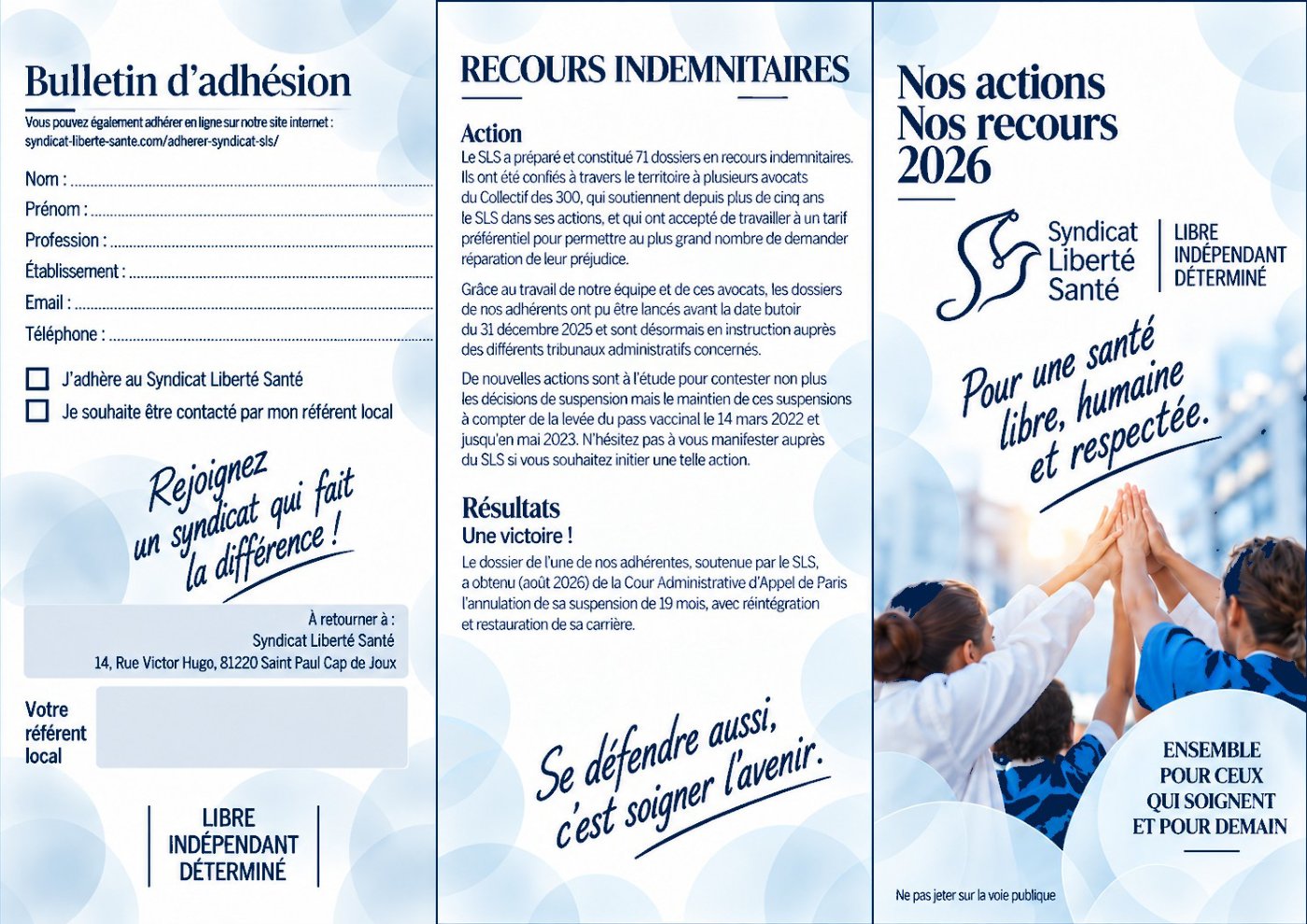 Triptyque du Syndicat Liberté Santé : Nos actions, nos recours 2026 : le triptyque du SLS