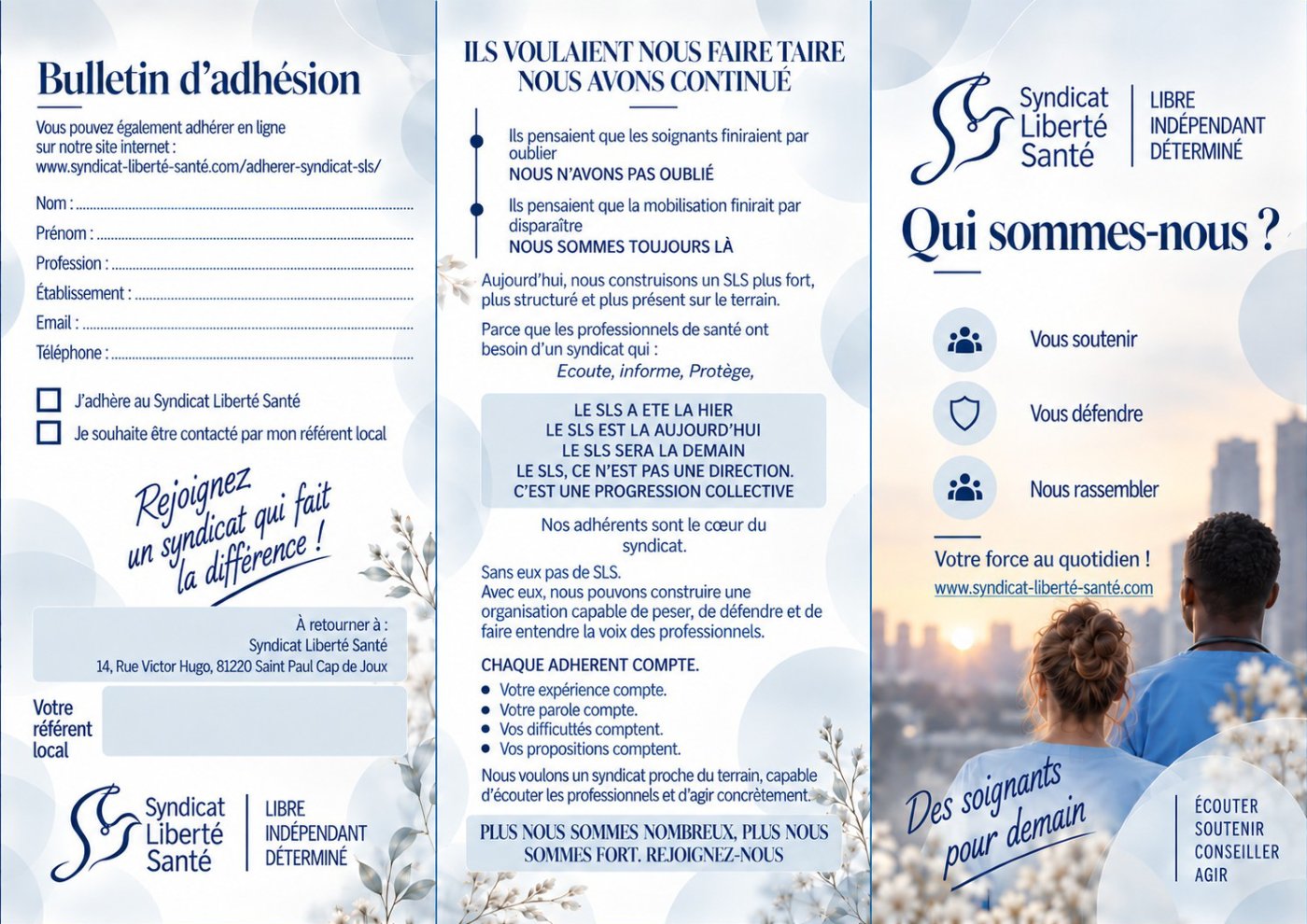 Triptyque Qui sommes nous Syndicat Liberte Sante apercu Triptyque du Syndicat Liberté Santé : Qui sommes-nous ? Le triptyque de présentation du SLS