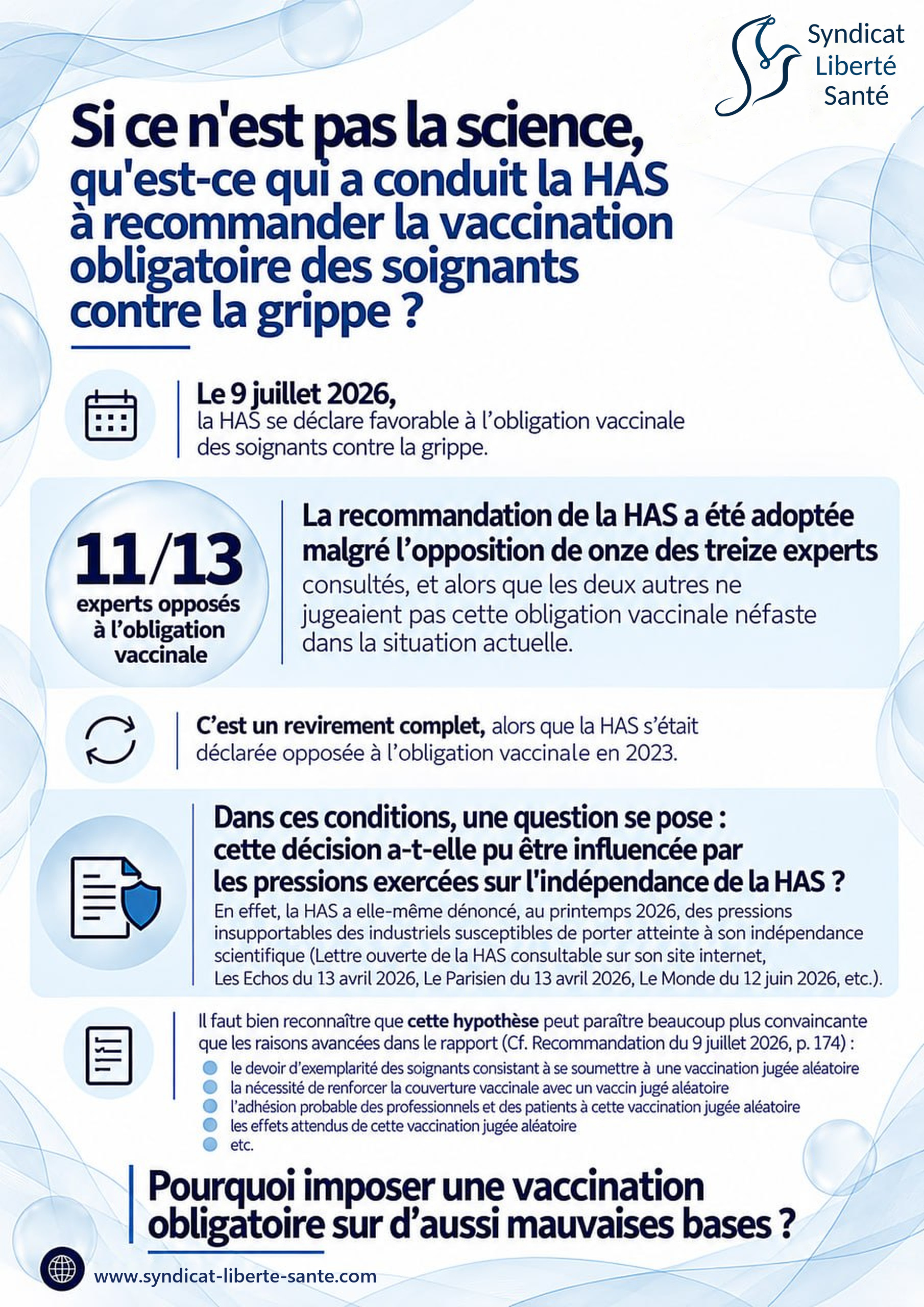 Affiche du Syndicat Liberté Santé : si ce n’est pas la science, qu’est-ce qui a conduit la HAS à recommander la vaccination obligatoire des soignants contre la grippe ?