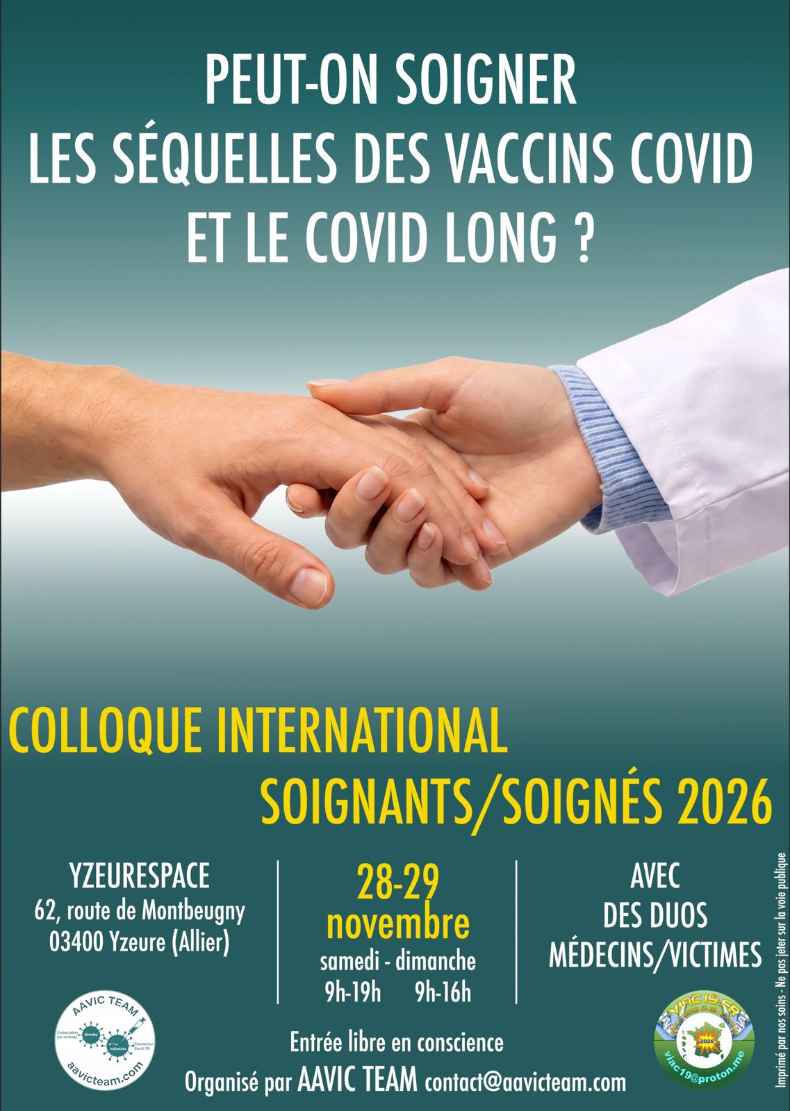 Affiche du colloque international Soignants / Soignés 2026 à Yzeure, organisé par AAVIC Team